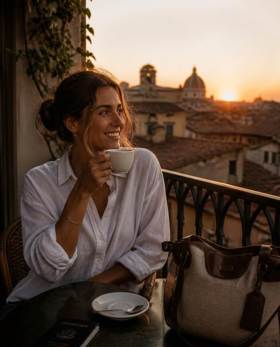 A woman drinking espresso on a balcony overlooking terracotta rooftops at sunrise