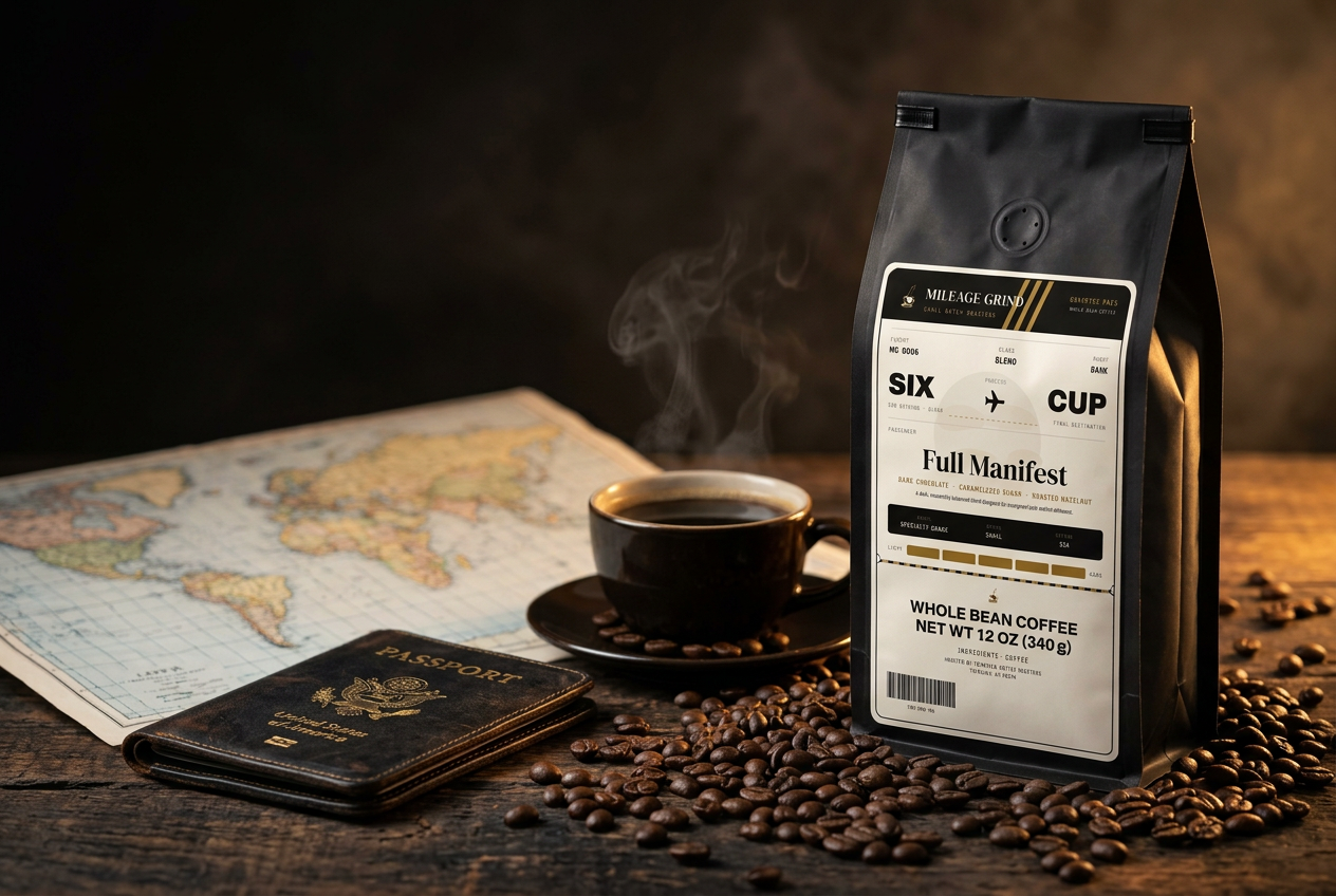 A travel journal, folded map and bag of Mileage Grind coffee on a dark table