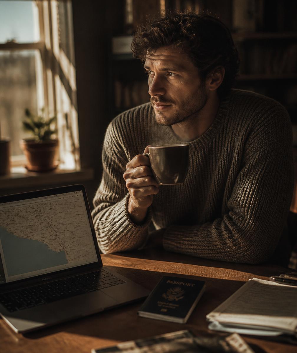 A man at his kitchen table with a mug of home-brewed coffee, planning a trip on a laptop